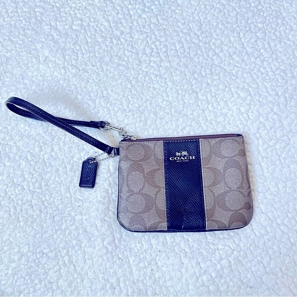 Coach signature PVC Leather small wristlet in Khaki and Midnight Blue color way - Picture 1 of 7